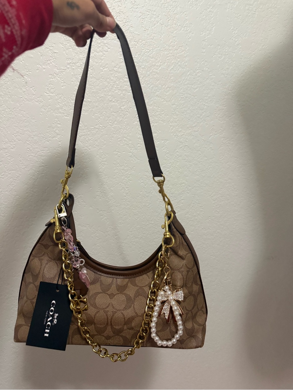 Coach Brown Signature Canvas Shoulder Bag with Gold Chain and Pearl Charm